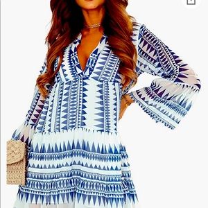 Womens Long Sleeve V Neck Tunic Mini Dress